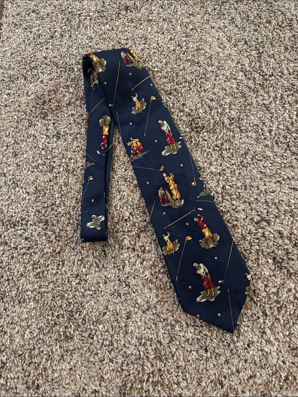 Burberrys Vintage Navy Tie with Red and Gold Golf Motif